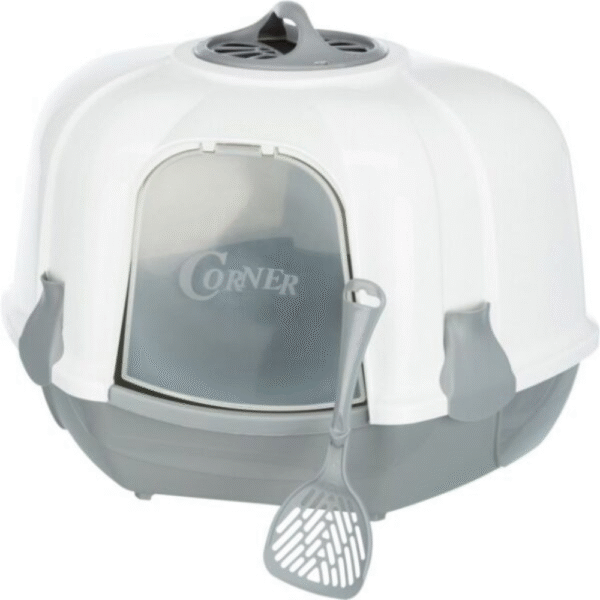 Corner Cat Litter Box With Odour Filter White & Grey