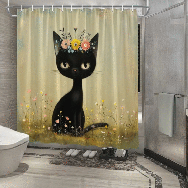 Warm-Colored Floral Green Grass Cute Cat Shower Curtain