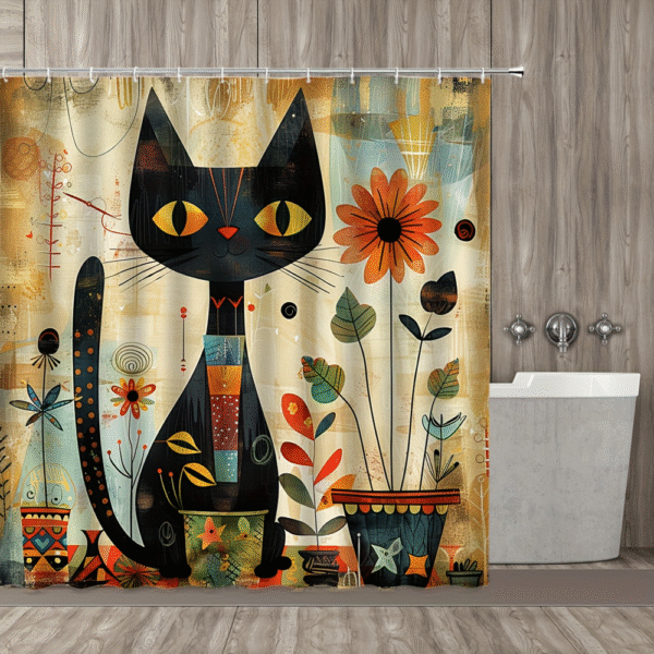 Charming Cat & Floral Watercolor Shower Curtain