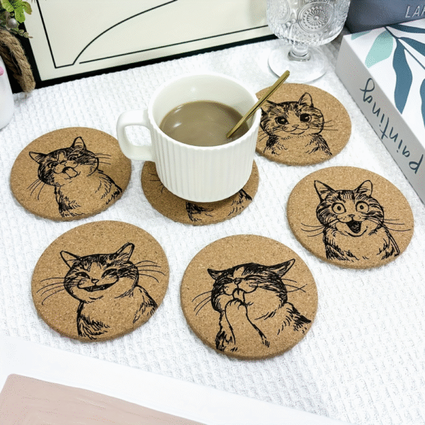 Whimsy Cat Engraved Tableware Cork Coasters - 6 pcs