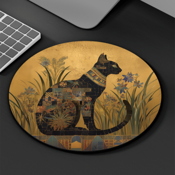 Black Cat In Grass Print Round Mouse Pad