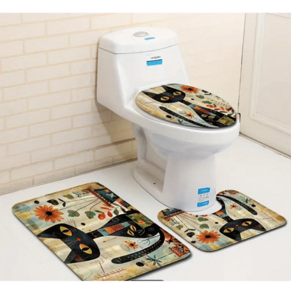 Cat Sunflower Floor Mat Toilet Cover Set, Black