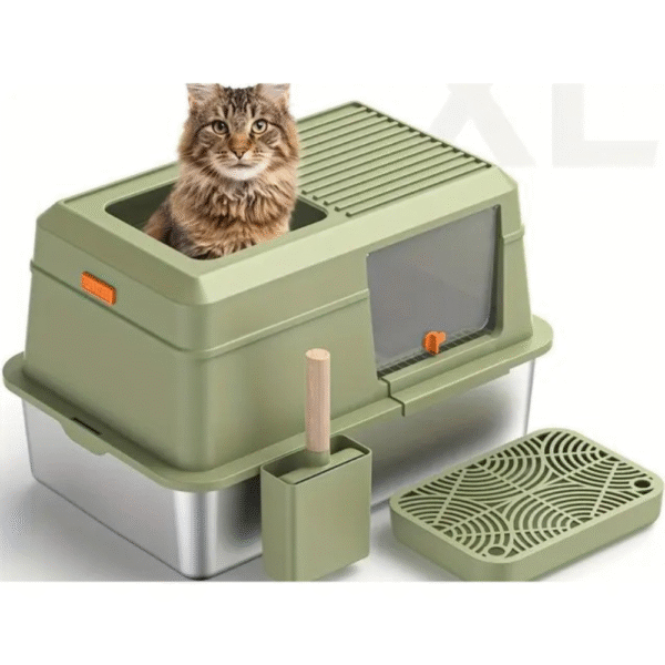 Extra Large Stainless Steel Covered Cat Litter Box With Scooper Light Green, 20 L