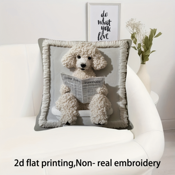 Contemporary Poodle Reading Newspaper Throw Pillow Cover