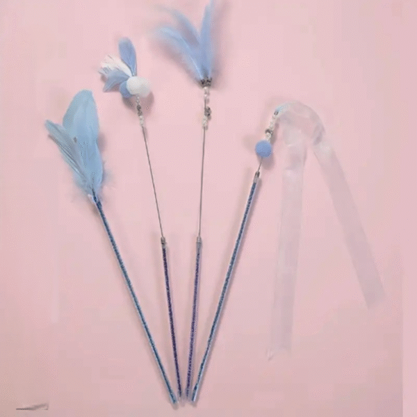 Feather Decorated Cat Tease Fairy Stick With Bell Sky Blue , 4 pcs
