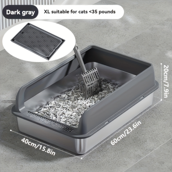 Raised Edges Stainless Steel Cat Litter Box With Mat Dark Grey - 60 x 40 x 20 cm