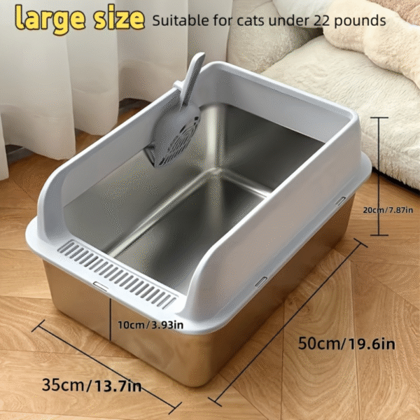 Raised Edges Stainless Steel Cat Litter Box With Scooper Light Grey - 50 x 35 x 20 cm