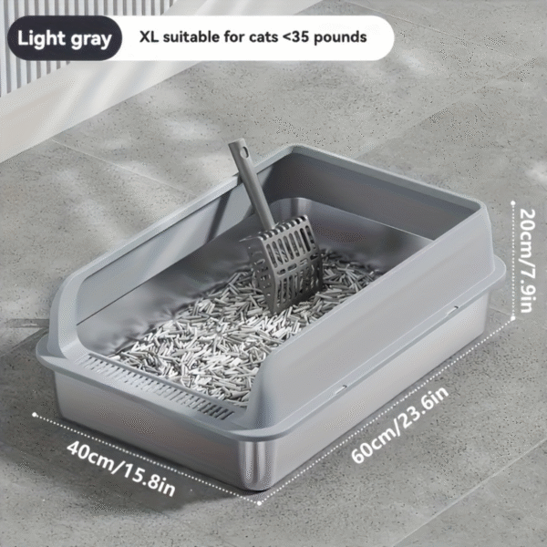 Raised Edges Stainless Steel Cat Litter Box With Scooper Light Grey - 60 x 40 x 20 cm